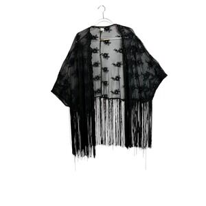 You Are Not Alone Black Floral Lace Fringe Kimono Wrap Swim Cover M